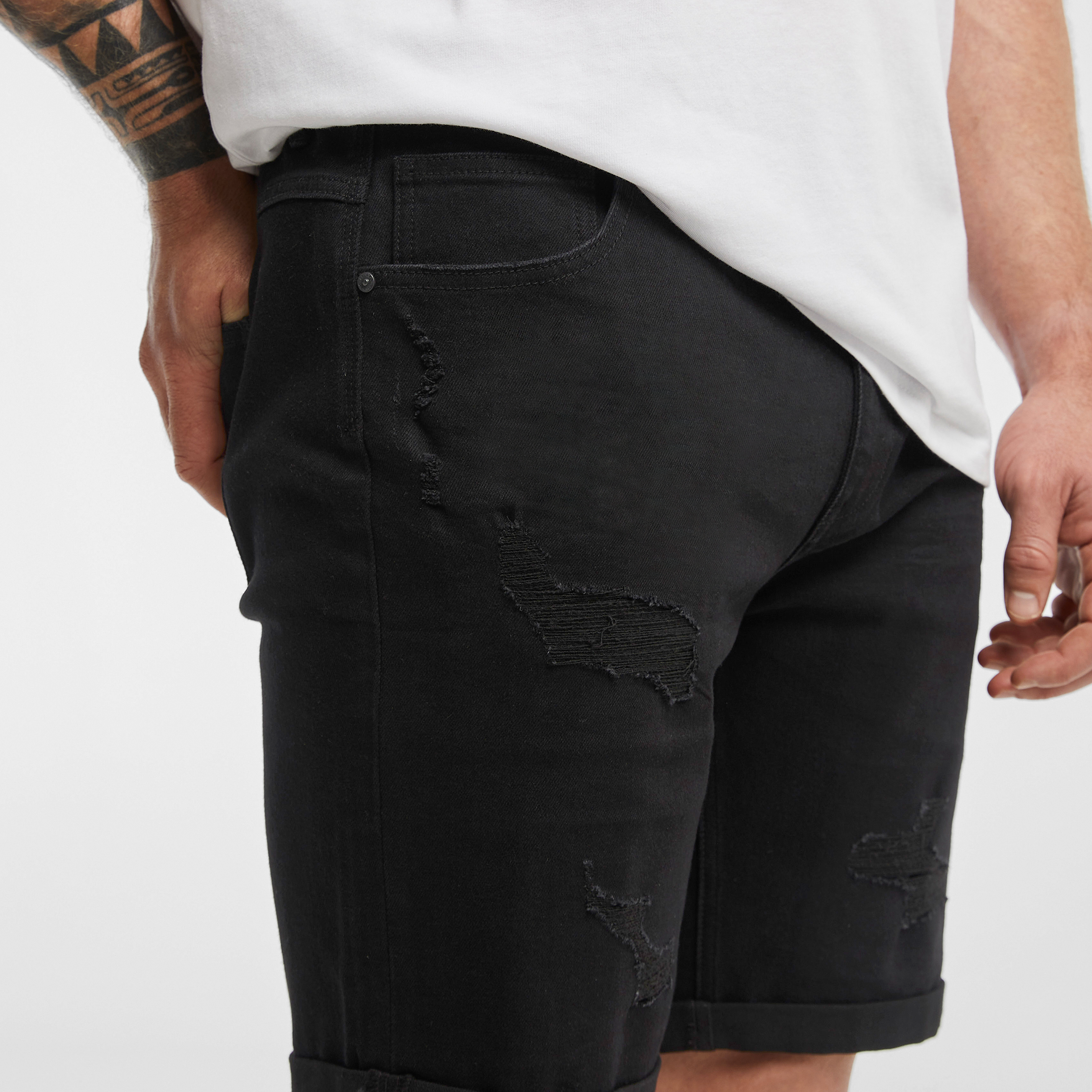 Black Zeb Ripped Denim Shorts