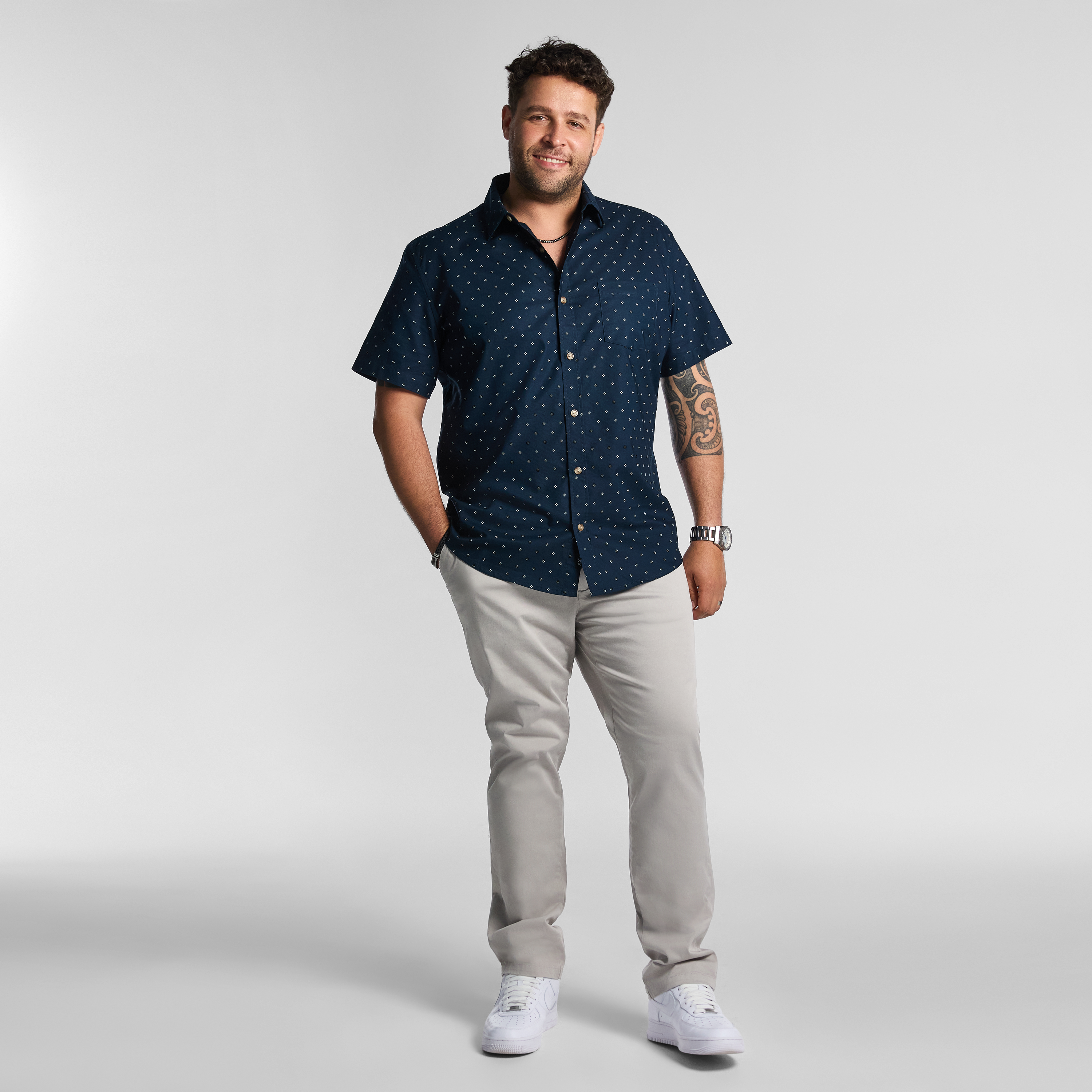 Navy Sackville Geo Cotton Oxford Short Sleeve Shirt