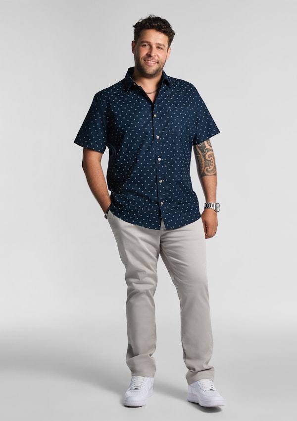 Navy Sackville Geo Cotton Oxford Short Sleeve Shirt