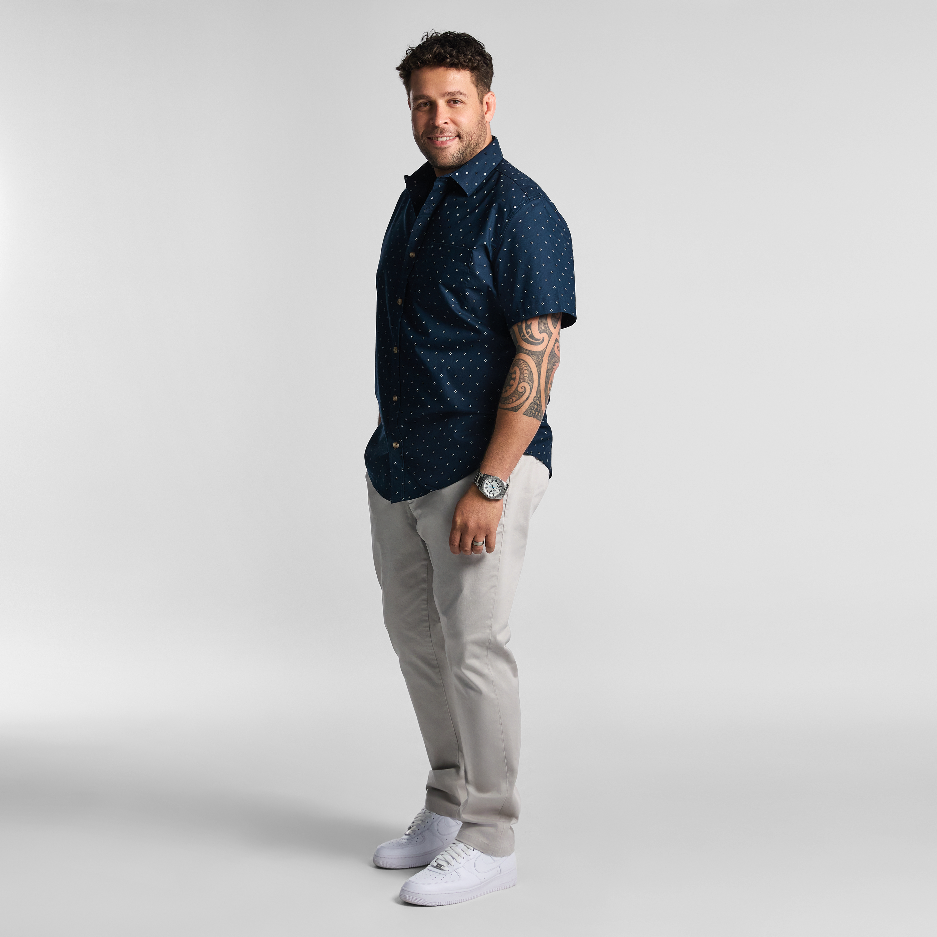 Navy Sackville Geo Cotton Oxford Short Sleeve Shirt