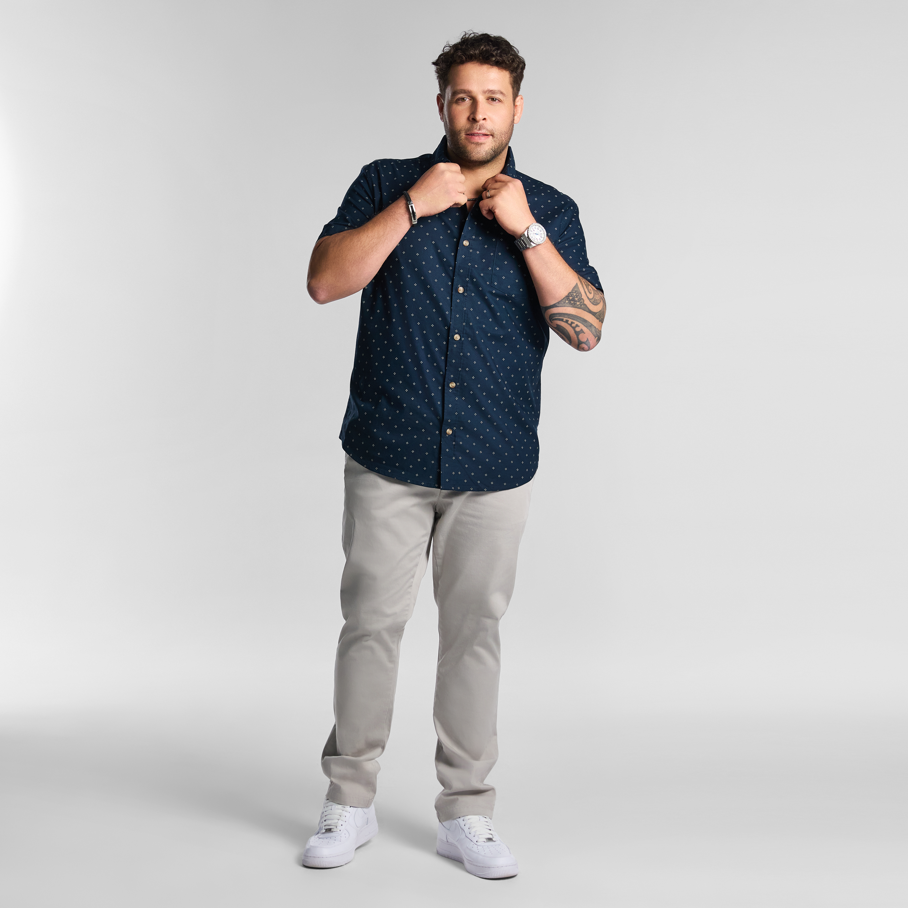 Navy Sackville Geo Cotton Oxford Short Sleeve Shirt